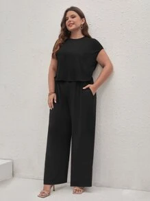 SHEIN Frenchy Jumpsuits Plus Size Lộ Lưng Túi Buộc lại màu trơn Giải trí - màu đen - Xem 4