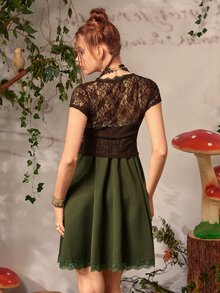 ROMWE Contrast Lace Cami Dress & Solid Tie Front Top - Multicolor - View 2