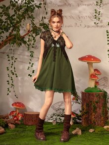 ROMWE Contrast Lace Cami Dress & Solid Tie Front Top - Multicolor - View 3