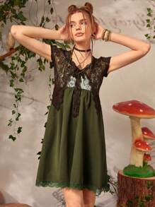 ROMWE Contrast Lace Cami Dress & Solid Tie Front Top - Multicolor - View 4