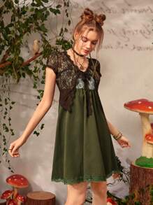 ROMWE Contrast Lace Cami Dress & Solid Tie Front Top - Multicolor - View 5