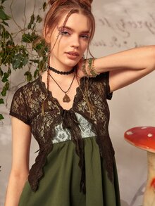 ROMWE Contrast Lace Cami Dress & Solid Tie Front Top - Multicolor - View 6