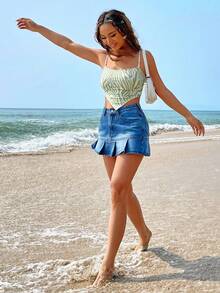 SHEIN EZwear 斑馬條紋頭巾下擺吊帶上衣 - 薄荷綠 - 查看 6