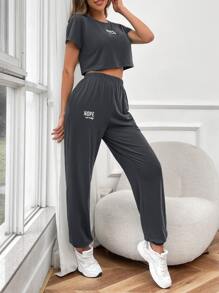 SHEIN LUNE 字母圖案T恤和運動褲 - 深灰色 - 查看 4