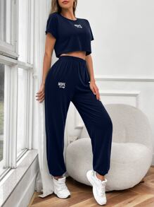 SHEIN LUNE Letter Graphic Tee & Sweatpants - Navy Blue - View 3