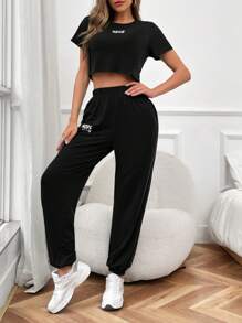 SHEIN LUNE 字母圖案T恤和運動褲