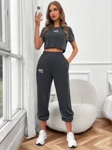 SHEIN LUNE 字母圖案T恤和運動褲 - 深灰色 - 查看 6