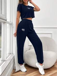 SHEIN LUNE Letter Graphic Tee & Sweatpants - Navy Blue - View 5