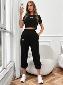 SHEIN LUNE 字母圖案T恤和運動褲