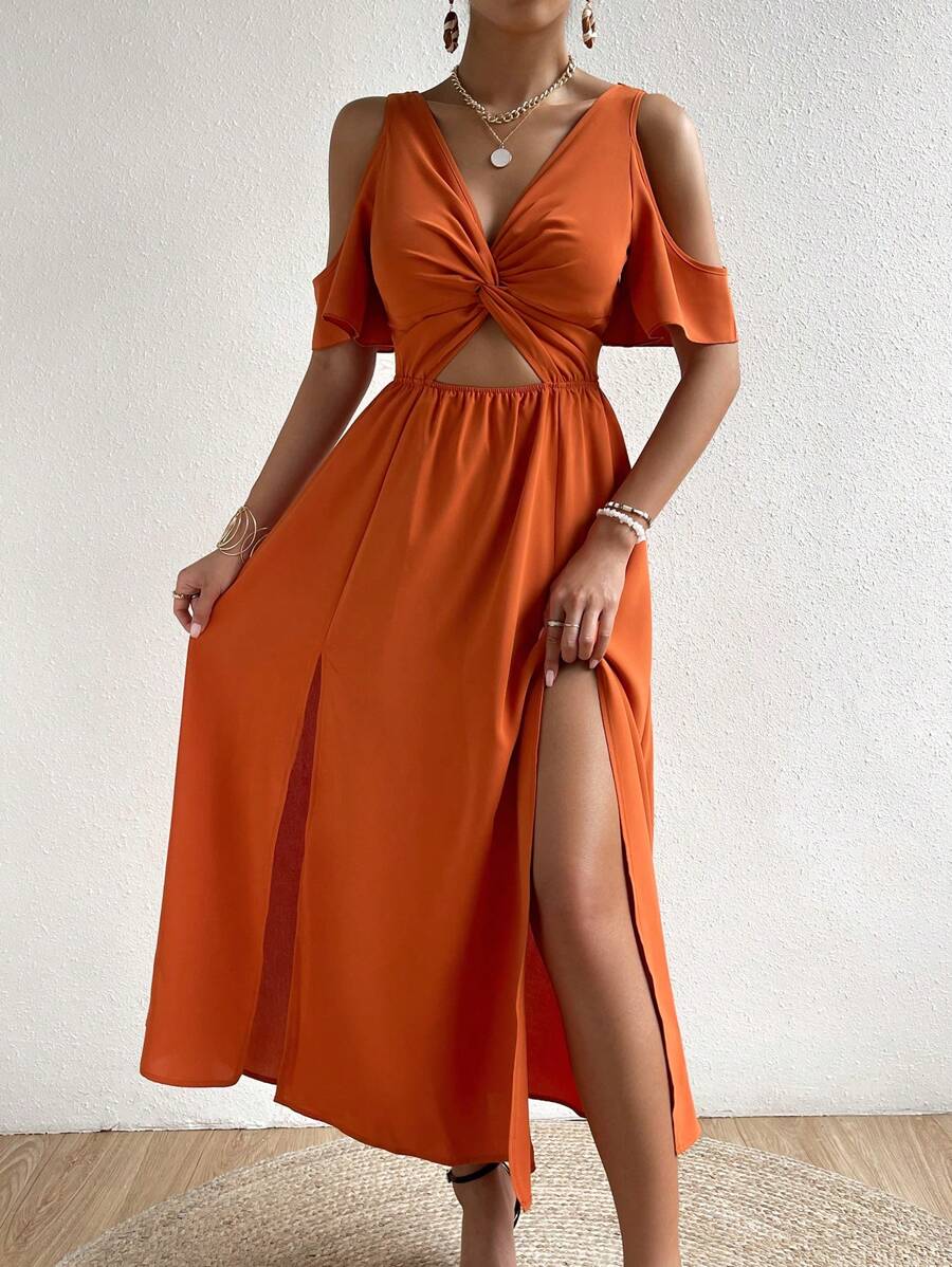 Chiquease Đầm Cắt ra xoắn lại Tách cao màu trơn Giải trí - trái cam - Xem 1