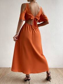 Chiquease Đầm Cắt ra xoắn lại Tách cao màu trơn Giải trí - trái cam - Xem 2