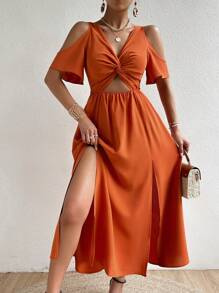 Chiquease Đầm Cắt ra xoắn lại Tách cao màu trơn Giải trí - trái cam - Xem 3