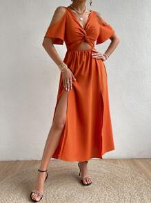 Chiquease Đầm Cắt ra xoắn lại Tách cao màu trơn Giải trí - trái cam - Xem 4