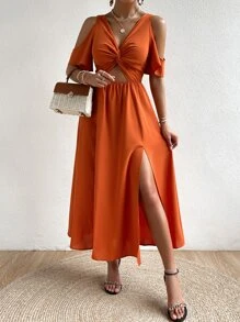 Chiquease Đầm Cắt ra xoắn lại Tách cao màu trơn Giải trí - trái cam - Xem 5