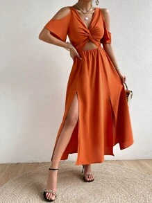 Chiquease Đầm Cắt ra xoắn lại Tách cao màu trơn Giải trí - trái cam - Xem 6