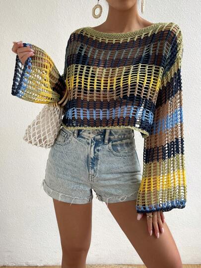 SHEIN Swim 撞色鏤空落肩袖鏤空針織罩衫不附比基尼