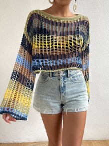 SHEIN Swim Cover up de color combinado con abertura de hombros caídos tejido abierto sin bikini - Multicolor - Ver 3