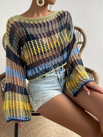 SHEIN Swim Cache-maillot à blocs de couleurs ajouré en tricot (sans bikini)