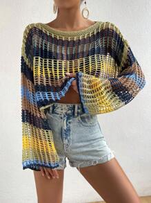 SHEIN Swim Cover up de color combinado con abertura de hombros caídos tejido abierto sin bikini - Multicolor - Ver 5