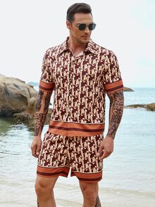 Manfinity Men Plus Allover Letter Graphic Shirt & Shorts - Khaki - View 5