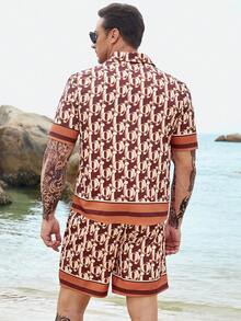 Manfinity Men Plus Allover Letter Graphic Shirt & Shorts - Khaki - View 2