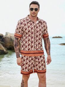 Manfinity Men Plus Allover Letter Graphic Shirt & Shorts - Khaki - View 4