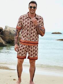 Manfinity Men Plus Allover Letter Graphic Shirt & Shorts - Khaki - View 3