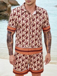 Manfinity Men Plus Allover Letter Graphic Shirt & Shorts - Khaki - View 1