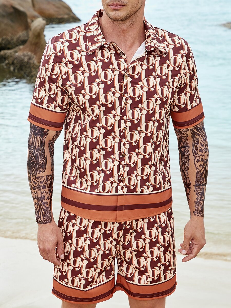 Manfinity Men Plus Allover Letter Graphic Shirt & Shorts - Khaki - View 1