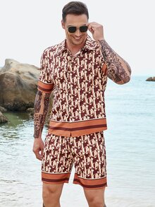 Manfinity Men Plus Allover Letter Graphic Shirt & Shorts - Khaki - View 6