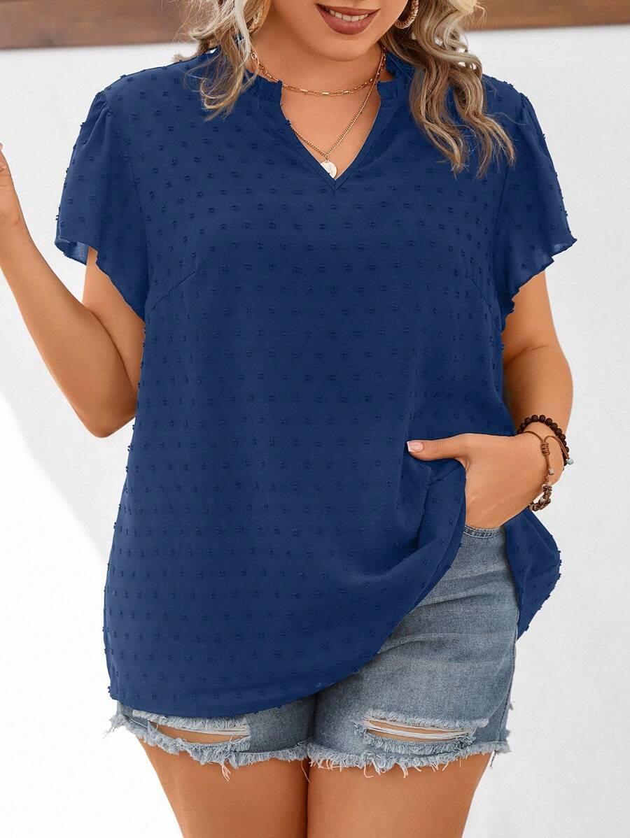 SHEIN LUNE 大碼圓點缺口領襯衫 - 藏蓝色 - 查看 1