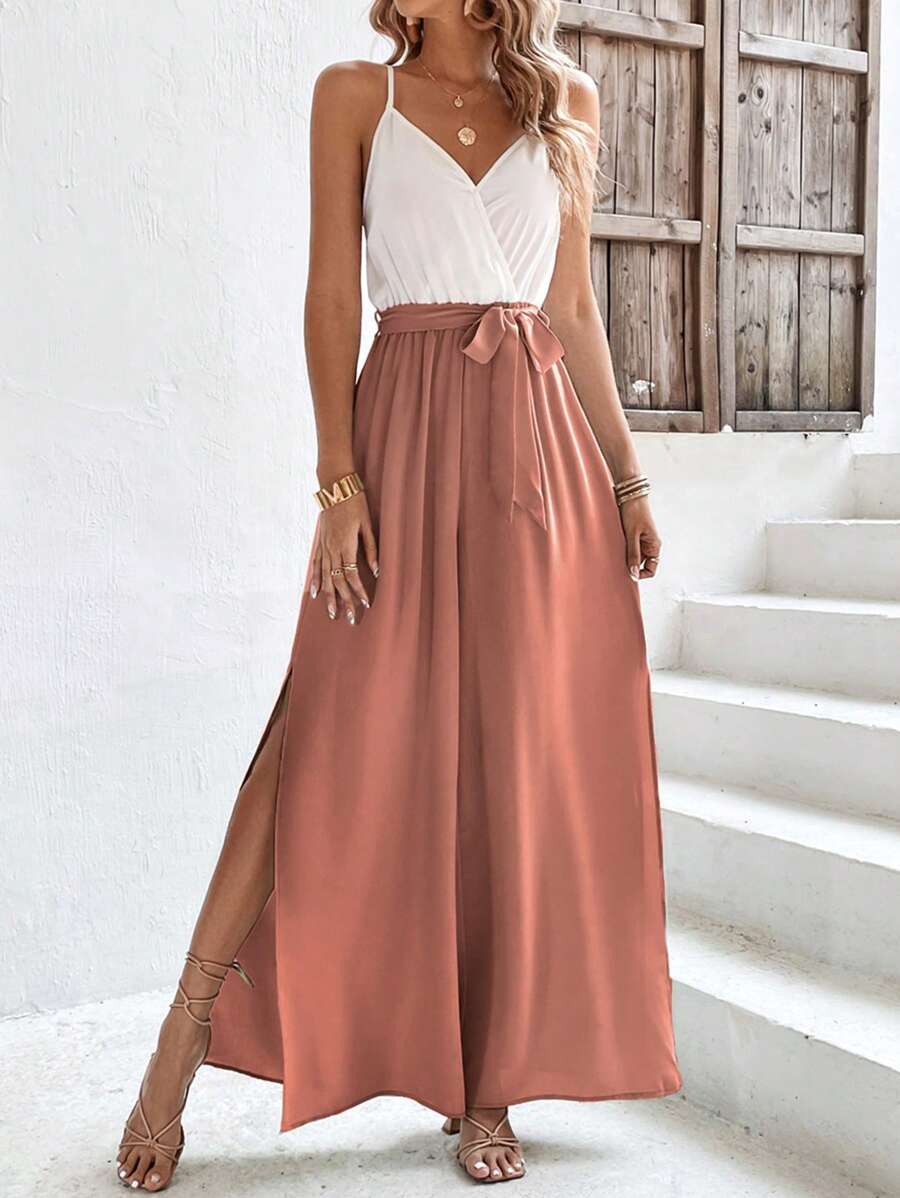 SHEIN Frenchy Áo liền quần nữ Thắt lưng Trọn gói Tách cao Khối Màu Giải trí - Bụi hồng - Xem 1