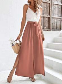 SHEIN Frenchy Áo liền quần nữ Thắt lưng Trọn gói Tách cao Khối Màu Giải trí - Bụi hồng - Xem 3