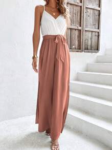 SHEIN Frenchy Áo liền quần nữ Thắt lưng Trọn gói Tách cao Khối Màu Giải trí - Bụi hồng - Xem 5