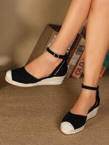 女士極簡踝帶編織度假仿麂皮淺口坡跟鞋