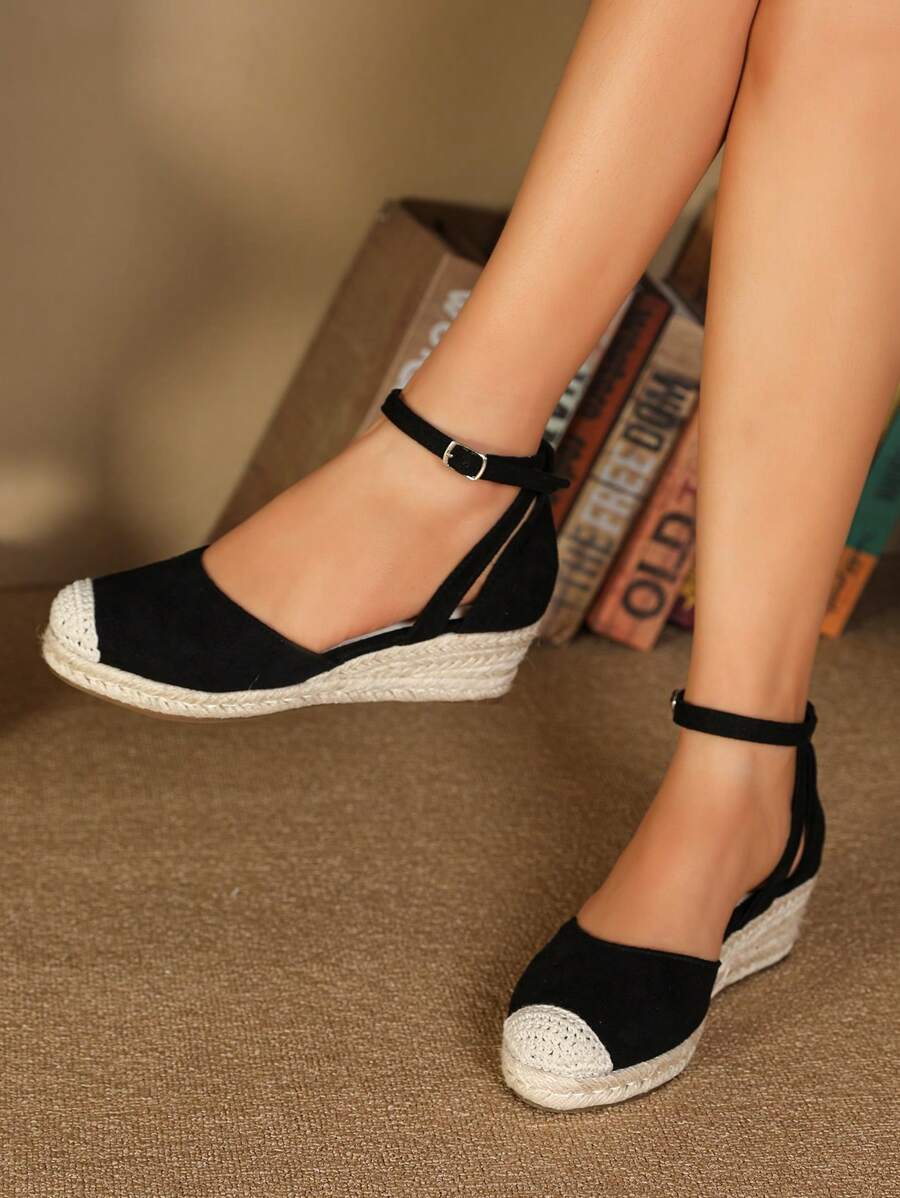 女士極簡踝帶編織度假仿麂皮淺口坡跟鞋