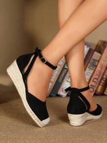 女士極簡踝帶編織度假仿麂皮淺口坡跟鞋