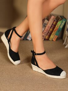 女士極簡踝帶編織度假仿麂皮淺口坡跟鞋