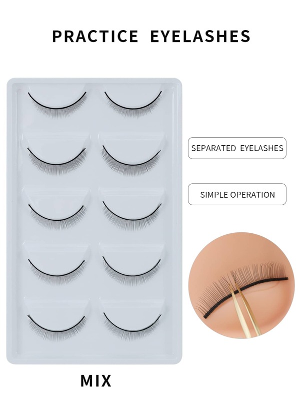 Glamlash 5 pares de extensión de pestañas de entrenamiento de longitud mixta práctica de pestañas postizas para principiantes extensión de ojos de enseñanza