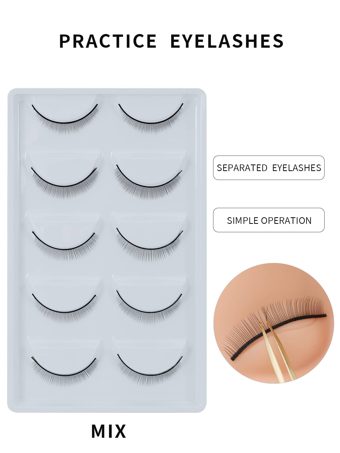 5 pares de extensión de pestañas de entrenamiento de longitud mixta práctica de pestañas postizas para principiantes extensión de ojos de enseñanza - Negro - Ver 1