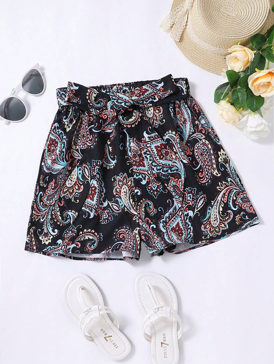 佩斯利印花附腰帶短褲 - 彩色 - 查看 1
