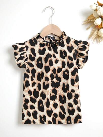 SHEIN Tween Girl Leopard Print Ruffle Trim Mock Neck Ruffle Armhole Blouse