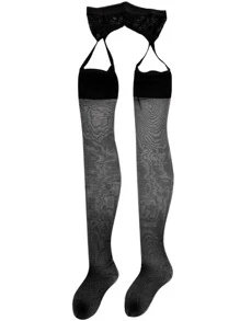 1雙女士蕾絲拼接休閒褲襪適用於日常 - 黑色 - 查看 3