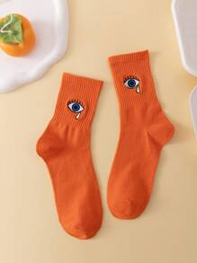 1pair Women Eye Embroidered Fashionable Crew Socks For Daily Life, Fall Socks - Orange - View 1