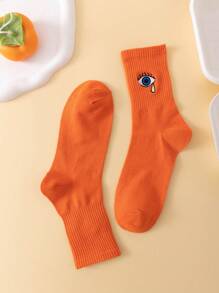 1pair Women Eye Embroidered Fashionable Crew Socks For Daily Life, Fall Socks - Orange - View 2