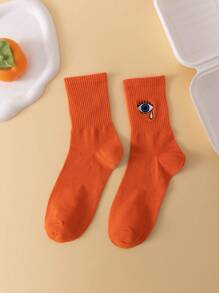 1pair Women Eye Embroidered Fashionable Crew Socks For Daily Life, Fall Socks - Orange - View 4