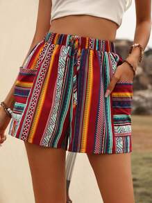 Breezaya Geo Print Dual Pocket Knot Front Shorts - Multicolor - View 1