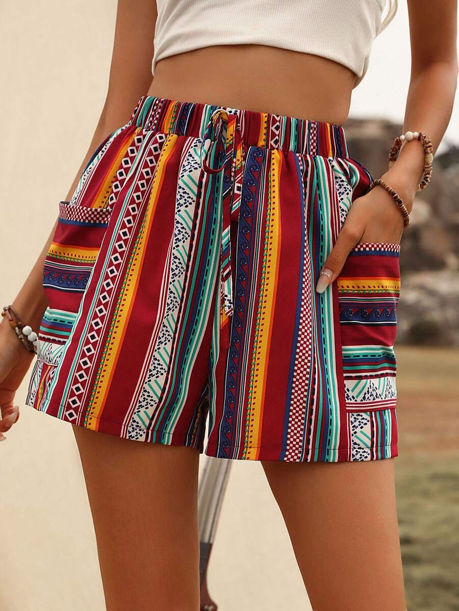 Breezaya Geo Print Dual Pocket Knot Front Shorts - Multicolor - View 1