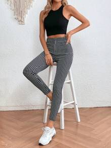 SHEIN LUNE Pantalones ajustados con estampado de cuadros - Blanco y Negro - Ver 1