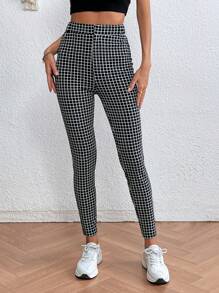 SHEIN LUNE Pantalones ajustados con estampado de cuadros - Blanco y Negro - Ver 6